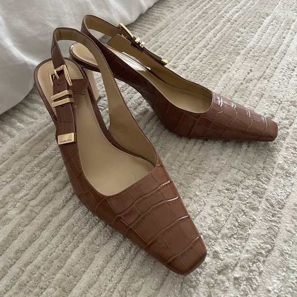 Michael Kors Croc-Embossed Brown Slingback Heels - Picture 2 of 5